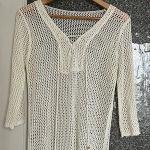 Cream crochet beach coverup with tassels